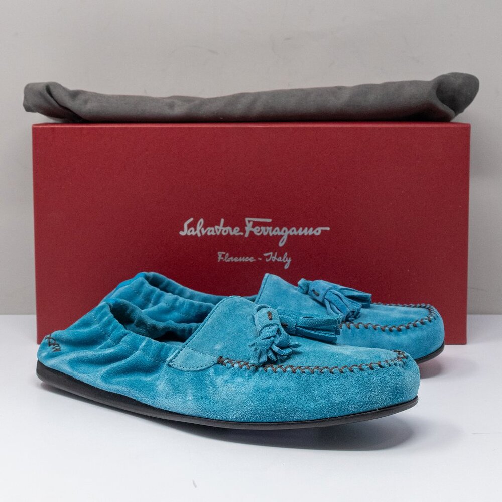 Ferragamo Fabrizio Turquoise Blue Suede Tassel Loafers Men's 8 M